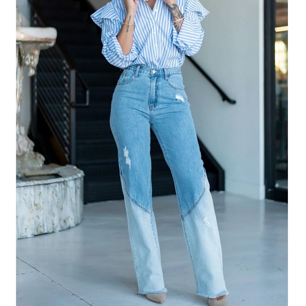 Two-Tone Patchwork Distressed Straight Leg Denim Jeans Blue Color Block Size XXL